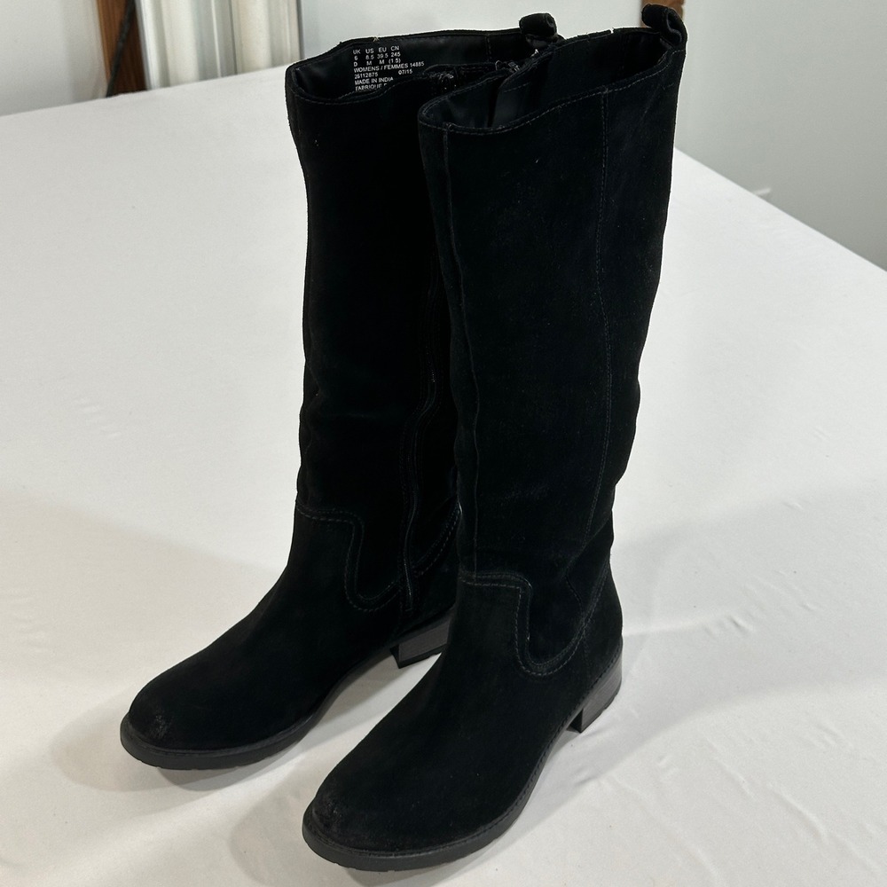 Clarks Women 8.5 Black Suede Knee High Side Zip Boots M 26112875 Block Heel